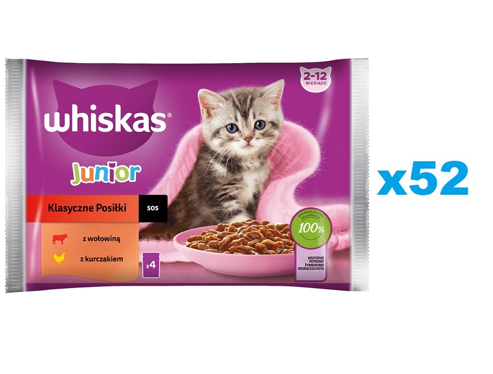 WHISKAS Junior Classic Meals Hrana umeda pentru pisoi 52x85g cu vita si pui in sos Pisici
