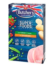 BUTCHER'S Superfoods Treats Recompense pentru caini adulti, cu merisoare si curcan 6 x 320 g