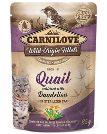 CARNILOVE Quail & Dandelion Hrana umeda pentru pisici adulte sterilizate, set cu prepelita si papadie 24 x 85g