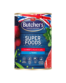 BUTCHER'S Super Foods Dog Tripe hrana umeda pentru caini, bucati de vita si legume in jeleu 400 g