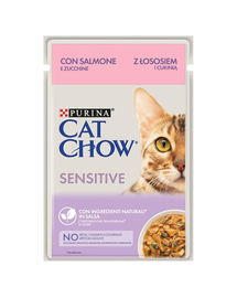PURINA CAT CHOW Sensitive Hrana umeda pentru pisici adulte sensibile, cu somon si dovlecel in sos 26 x 85 g