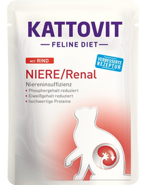 KATTOVIT Feline Diet Niere/Renal Beef hrana umeda dietetica pentru pisici cu afectiunile ale rinichilor, cu vita 85 g
