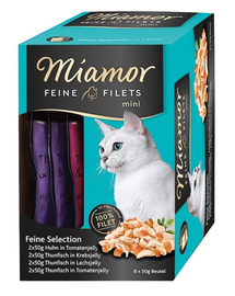 MIAMOR Feine Filets Mini Multibox- Hrana umeda pisici, cu pui si ton in aspic de rosii 8 x 50 g