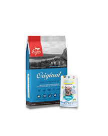 ORIJEN Original Dog hrana uscata caini adulti 11.4 kg + ARUBA Dog Organic hrana umeda caini, pui bio cu dovleac, dovlecei si ciulin de lapte 100 g