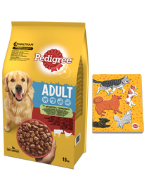 PEDIGREE Adult 15 kg pentru caini adulti de talie medie, cu vita si pasare + Carnet de notite GRATIS
