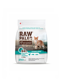 VETEXPERT Raw Paleo Sterilised Chicken&Tuna&Salmon Hrana uscata pisici sterilizate, cu pui, ton si somon 250 g