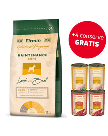 FITMIN Dog Nutritional Programme Mini Maintenance Lamb&Beef 12 kg Sac hrana caini talie mica, cu miel si vita + 4 conserve hrana CADOU