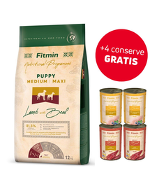 FITMIN Dog Nutritional Programme Medium Maxi Puppy Lamb&Beef 12 kg Sac hrana catei talie medie si mare, cu miel si vita + 4 conserve hrana CADOU