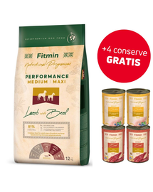 FITMIN Dog Nutritional Programme Medium Maxi Performance Lamb&Beef 12 kg hrana caini adulti talie medie si mare cu nivel activitate ridicat + 4 conserve hrana CADOU