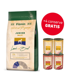FITMIN Dog Nutritional Programme Maxi Junior Lamb&Beef 12 kg Hrana caine junior talie mare + 4 conserve hrana CADOU