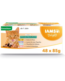 IAMS Delights Adult All Breeds Land&Sea In Gravy 48 x 85 g set hrana pentru pisici