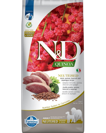 FARMINA N&D Quinoa Dog Neutered Adult Medium/Maxi hrana uscata caini adulti dupa castrare/sterilizare, cu rata, broccoli si sparanghel 12 kg