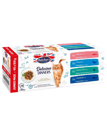 BUTCHER'S Delicious Dinners Cat Jumbo Pack Fish selection in Jelly 40x100 g bucati somonpastrav, peste oceanic, eglefin pentru pisici, in aspic