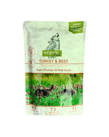 ISEGRIM Junior Mountain Roots hrana catelusi cu vita si curcan 410 g