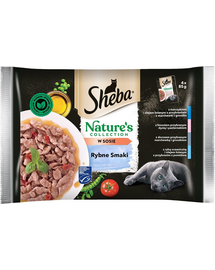 SHEBA Nature’s Collection Hrana umeda pliculet Fish Flavours pentru pisici adulte in sos, ton si ulei de in 52x85g