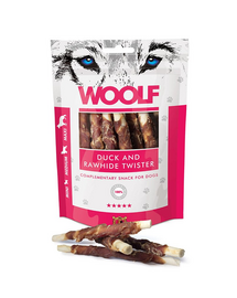 WOOLF Duck And Rawhide Twister pentru caini 100g piele uscata invelita in rata