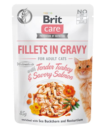 BRIT Care Cat Fillets in gravy, file de curcan și somon în sos 85 g