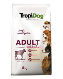TROPIDOG Premium Adult S carne de vita si orez 8 kg hrana uscata pentru caini de rase mici