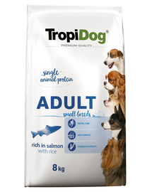 TROPIDOG Premium Adult S somon și orez 8 kg hrana uscata pentru caini de rasa mica