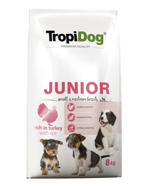 TROPIDOG Premium Junior S&M curcan si orez  8 kg hrana uscata pentru pui de rasa mica si medie