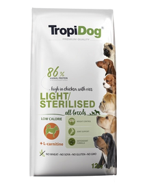 TROPIDOG Premium Light-Sterilized Light 12 kg hrană uscată pentru câinii supraponderali