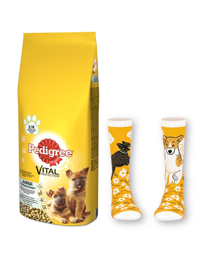 PEDIGREE Vital Protection Junior hrana uscata caini juniori de talie mare, cu pui si orez 15 kg + sosete GRATIS