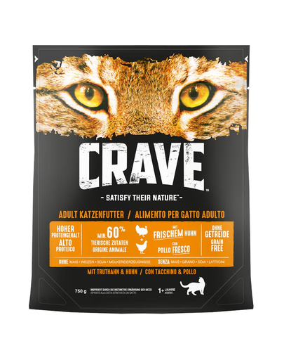 CRAVE Hrana Uscata Fara Cereale Pentru Pisici, Cu Pui Si Curcan 750 G X 6