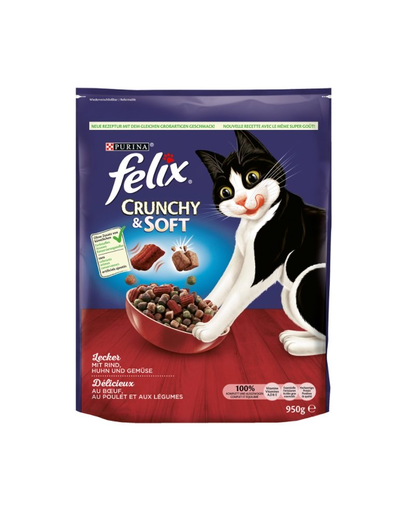 FELIX Crunchy & soft Hrana uscata pentru pisici adulte, cu vita si legume 4 x 950 g