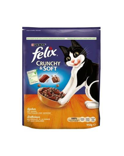 FELIX Crunchy & soft Hrana uscata pentru pisici adulte, cu legume si curcan 4 x 950 g