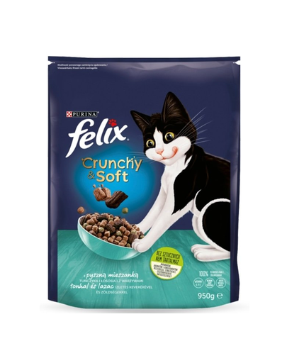 FELIX Crunchy &amp; soft Hrana uscata pentru pisici adulte, cu somon si legume 4 x 950 g