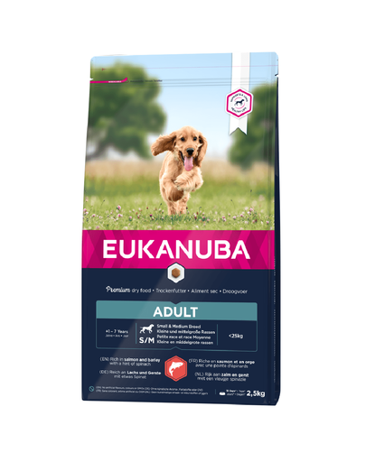 Eukanuba dog base adult small   medium breeds salmon   barley hrana uscata caini adulti talie mica/medie, cu somon si orz 2.5 kg