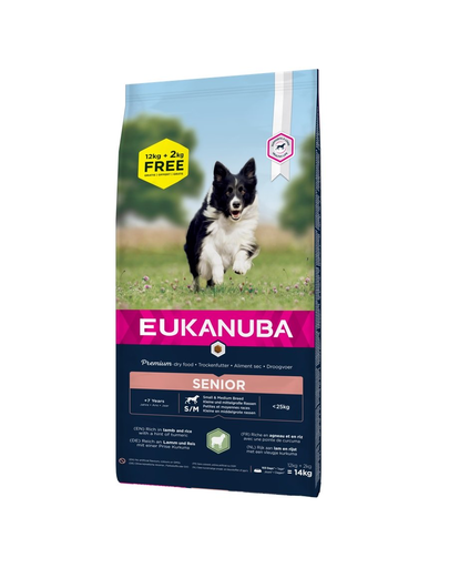 Eukanuba senior hrana uscata caini seniori de talie mica si mijlocie, cu miel si orez 12+2 kg