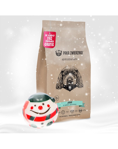 Paka zwierzaka hrana uscata cu somon si cartofi dulci pentru catei 2kg + minge gratis