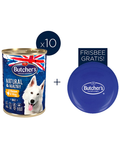 BUTCHER\'S Natural&Healthy Hrana umeda pentru caini, pate cu pui si orez 10x390g + frisbee GRATIS
