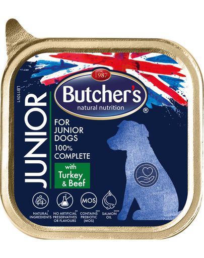 BUTCHER'S Functional Junior Set hrana umeda pentru catei, pate de vita si curcan 12 x 150 g