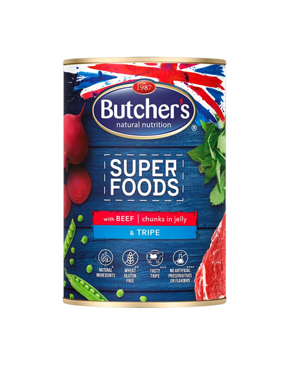 BUTCHER’S Super Foods Dog Tripe hrana umeda pentru caini, bucati de vita si legume in jeleu 400 g