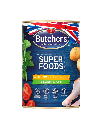 BUTCHER'S Super Foods hrana umeda pentru caini, bucati de pui cu legume in sos 400 g