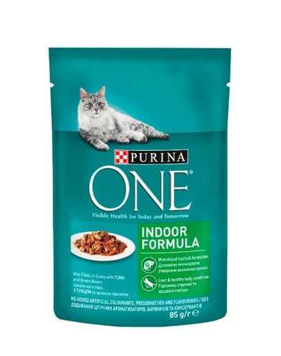 PURINA ONE Indoor Hrana umeda pentru pisici adulte, cu ton si fasole verde 24 x 85 g