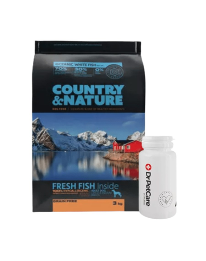 Country&Amp;Nature Country&Amp;Nature Ocean White Fish Recipe Hrana Uscata Caini Adulti Talie MedieMare Cu Peste 3 Kg + Dr Petcare Vitamine CainiPisici 60 Capsule
