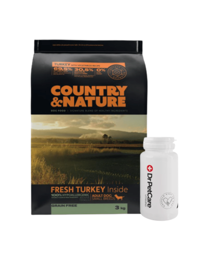 COUNTRY&amp;NATURE Turkey with Vegetables hrana uscata caini adulti talie mica, curcan si legume 3 kg + DR PETCARE Vitamine si minerale pentru caini si pisici 60 capsule