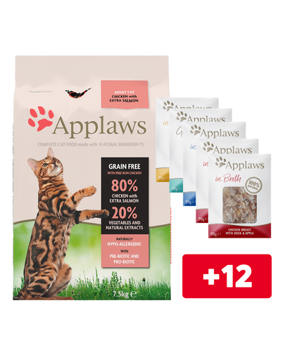 Applaws Hrana Uscata Pentru Pisici Cu Pui Si Somon 7.5 Kg + 12 Plicuri Hrana Umeda Gratis