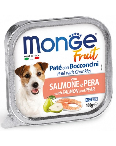 MONGE Fruit Dog hrana umeda pentru caini sub forma de pate, cu somon și pere 100 g