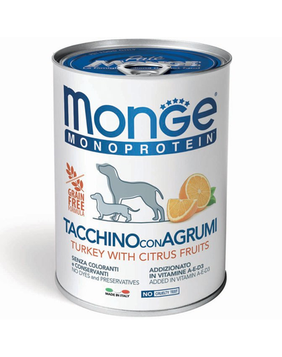 MONGE Monoprotein, Hrana Umeda Pentru Caini Cu Curcan, Orez Si Portocale, 400 G