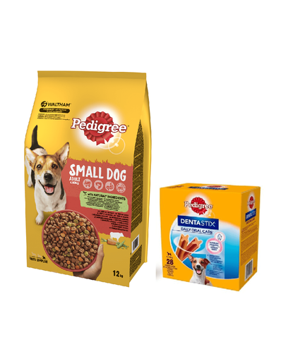 PEDIGREE Adult Hrana Uscata Caini Adulti De Talie Mica, Cu Vita Si Legume 12 Kg + DentaStix Recompense Pentru Caini