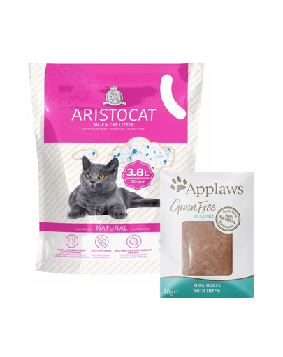 ARISTOCAT Nisip din silicon pentru litiera pisicilor, silica fara miros 4 x 3.8 L + APPLAWS hrana umeda pisici, bucati de ton in sos 2 x 70 g