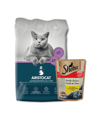 ARISTOCAT Bentonite Plus Nisip pentru litiera pisicilor, din bentonita cu lavanda 25 L + SHEBA Mini cu pui 5x50 g GRATIS