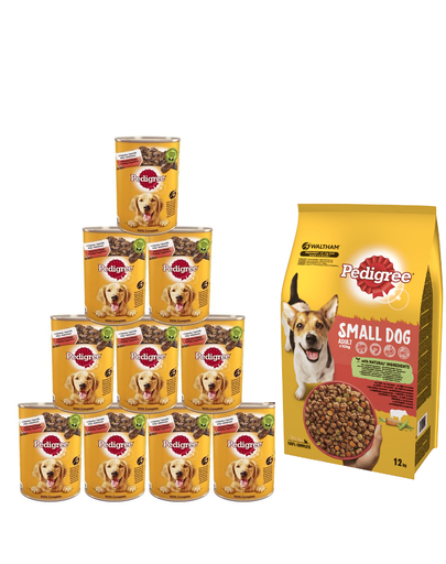 PEDIGREE Adult hrana uscata caini adulti de talie mica, cu vita si legume 12kg + hrana umeda 24x400g