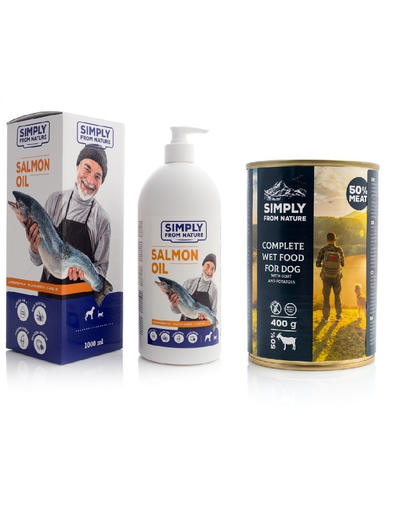 SIMPLY FROM NATURE Ulei de somon pentru animale de companie 1 L + hrana umeda pentru caini, carne de capra si cartofi 400 g GRATIS