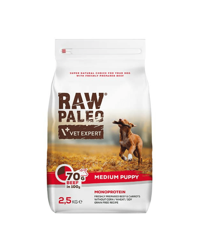 VETEXPERT Raw Paleo Beef Puppy Medium 2,5 kg hrana caine juniori talie medie, cu vita 25 imagine 2022