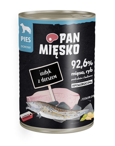 PAN MIĘSKO Conserva hrana umeda hipoalergenica caini, cu carne de curcan si cod 400g (conserva)